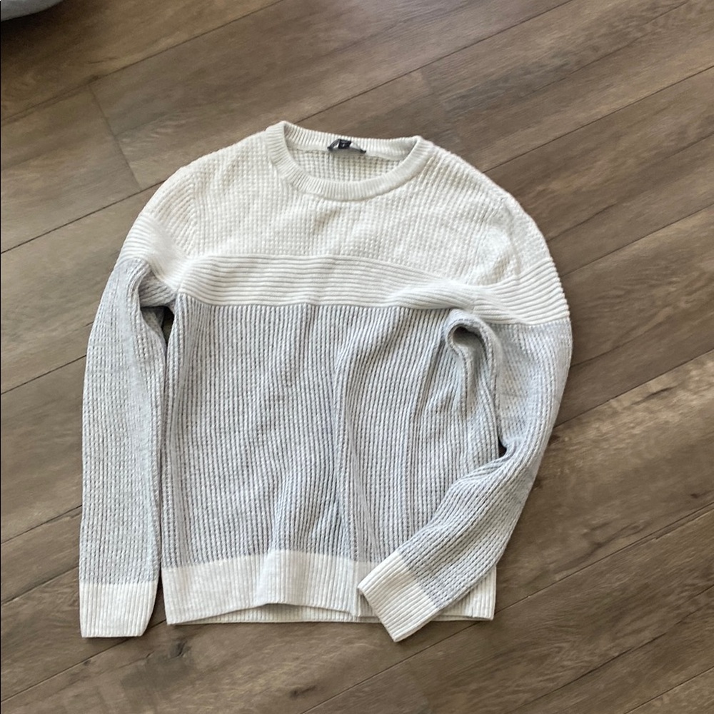 Express Gray and Cream Crewneck Sweater with Ribbed Detailing